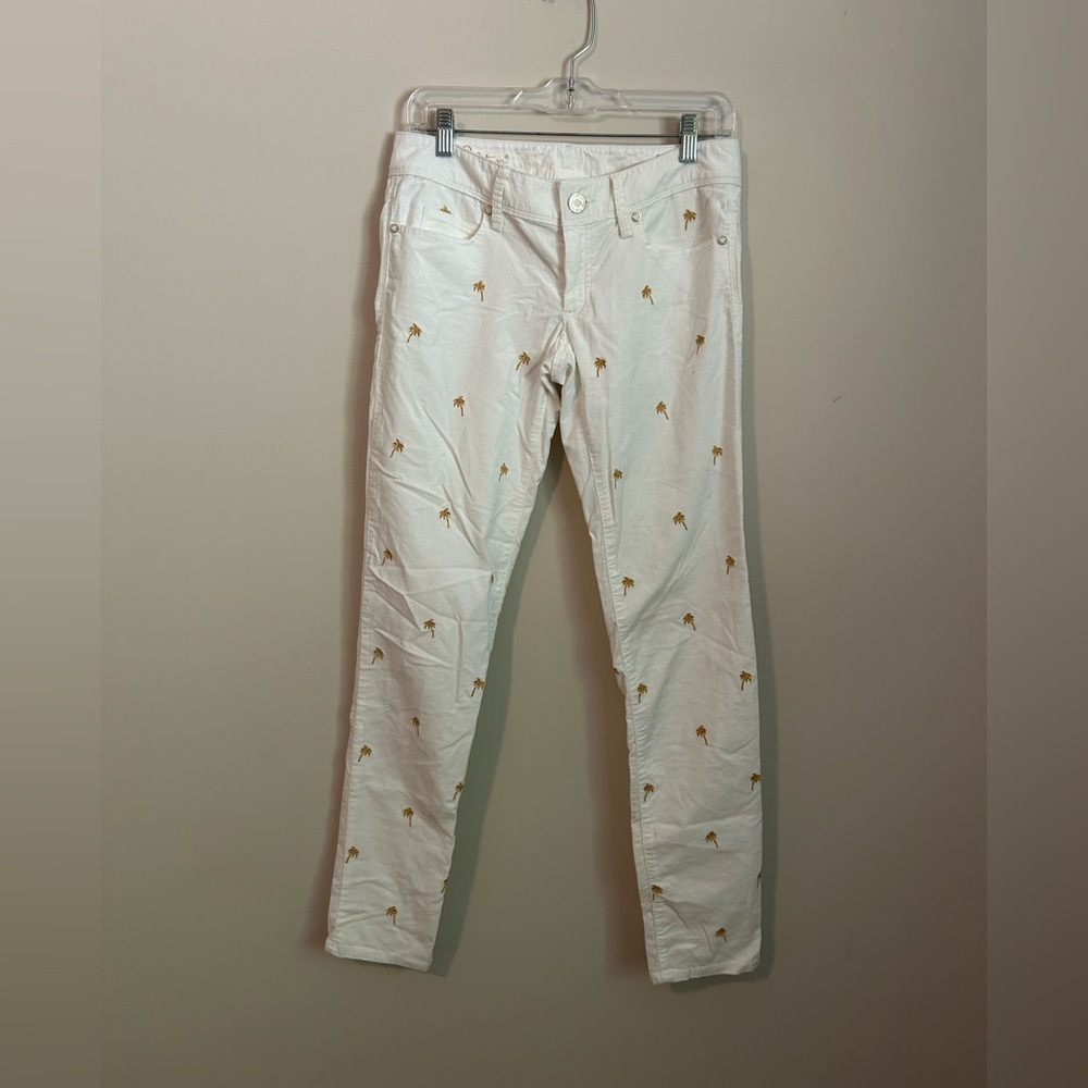 Lilly Pulitzer Worth Skinny Sateen Pants White w Gold Palm Trees Size 2